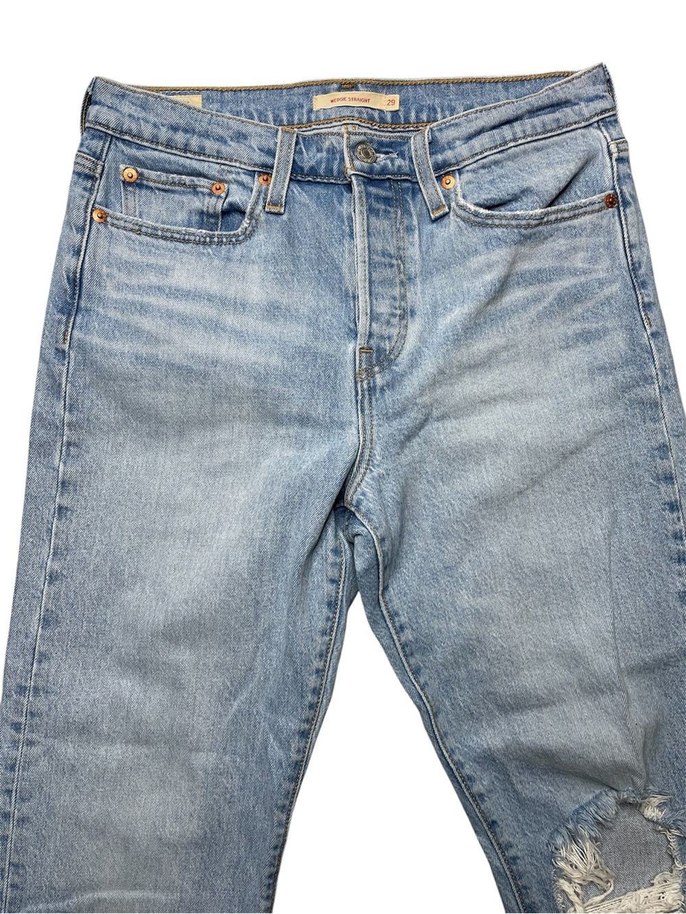 Levi's Light Blue Wedgie Straight Fit Jeans with Distressed Knee 29 - Picture 3 of 8